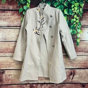 Misslook Long Jacket L/XL Whimsical Floral Tree Branch Beige Fall Trench Coat